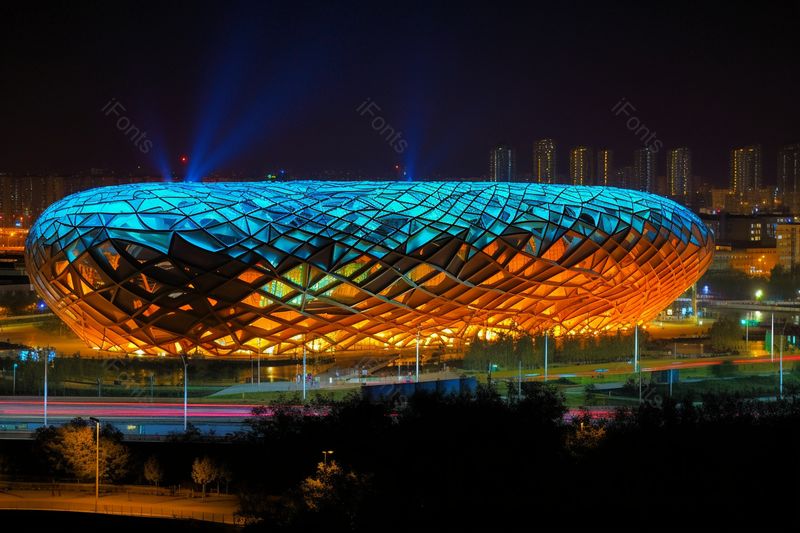 夜晚繁华都市下的北京鸟巢著名地标,高清,摄影图,摄影图片,图片大全,摄影图免费下载